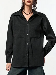 SHEIN EZwear أزياء فاخرة للحفلات بلوزات برقائق منسوجة - الأسود - مشاهدة 8