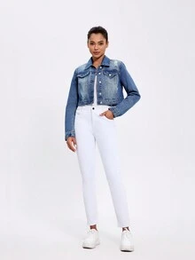 Women's Spring And Autumn Long Sleeve Single-Breasted Distressed Casual Short Denim Top - Blue - View 5