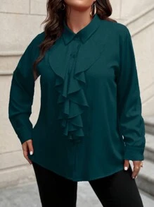 SHEIN Clasi 大码女式春夏纯色荷叶边长袖优雅秋季衬衫女式衬衫 - 青碧色 - 查看 6