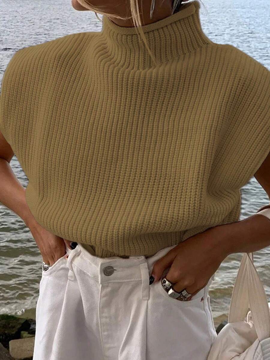 Blusa holgada de punto con cuello alto y mangas cortas, casual, para primavera y otoño - Caqui - Ver 1