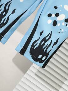 SHEIN 2pcs/Set Baby Boy Street Fashion Letter & Flame Print Hooded Jacket And Pants Outfit, Fall And Winter - Blue - View 4