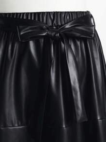 SHEIN Clasi 大码女式 PU 皮革腰部打结长裙 - 黑色 - 查看 3