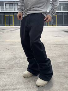 Manfinity EMRG 男士休闲喇叭口袋牛仔裤，纯色修身长款黑色洗水工装牛仔裤，适合送给老公、男朋友的礼物 - 黑色 - 查看 6