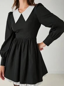 Enchnt Autumn Romantic Women Elegant Cute Contrast Color Block Puff Sleeve Black Retro Preppy Dress - Black - View 2