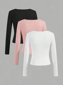 SHEIN EZwear 3 件套修身女士长袖休闲 T 恤适合夏季和秋季