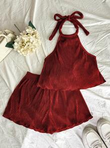 SHEIN Unity 2pcs/Set Women Sexy Backless Halter Crop Top And Shorts, Summer - Burgundy - View 5