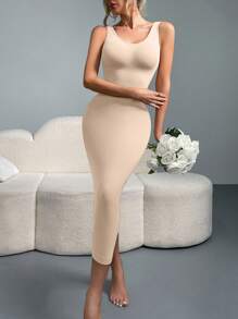 Women Solid Color Crew Neck Long Fitted Bodycon Dress, Sleeveless