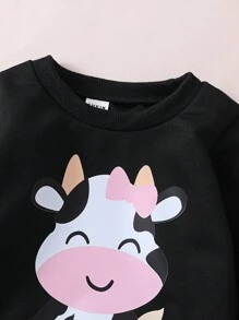 SHEIN Playful Pals 2 件装女婴可爱卡通奶牛印花运动衫和运动裤套装，秋季休闲装