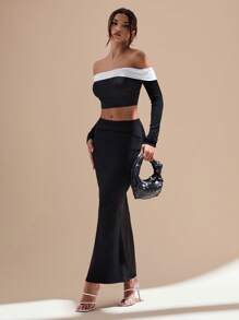 Glamine 2pcs Retro Black&White Off Shoulder Bodycon Fishtail Skirt Set - Black - View 6