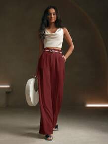 Anewsta Quần Palazzo thiết kế túi kim loại màu trơn - Màu Đỏ Sâu - Xem 5