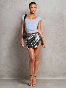 SHEIN BAE Váy mini sequin xẻ tà gợi cảm cho nữ, váy cocktail ngắn - màu đen - Xem 7