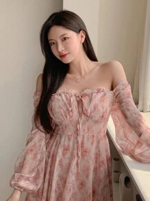 DAZY 1 件女士优雅花卉迷你连衣裙，双面设计，适合秋季 - 粉色 - 查看 1