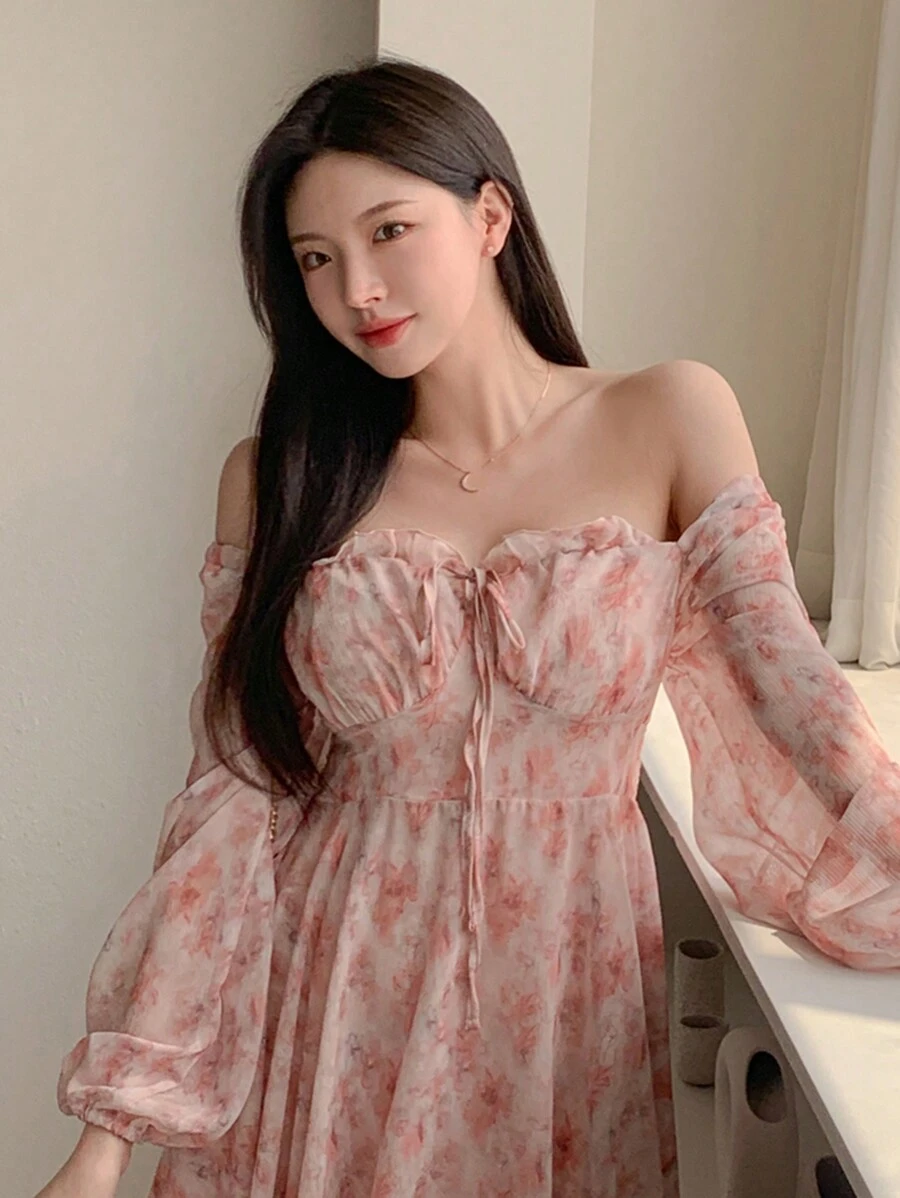 DAZY 1 件女士优雅花卉迷你连衣裙，双面设计，适合秋季 - 粉色 - 查看 1