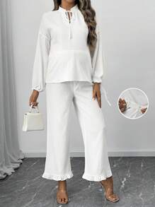 SHEIN Bộ 2 chiếc áo thun tay loe cổ chữ V rộng rãi màu trơn và quần ống rộng, dành cho bà bầu - trắng - Xem 1