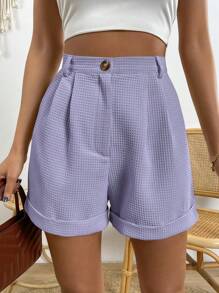 Chiquease Women's Solid Color Waffle Textured Pleated Cuff Relaxed Casual Shorts - Mauve Purple - View 4