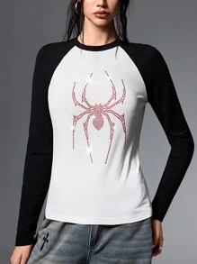 SHEIN EZwear 女款 Y2K 针织蜘蛛图案钻石图案长款 T 恤 - 黑與白 - 查看 4