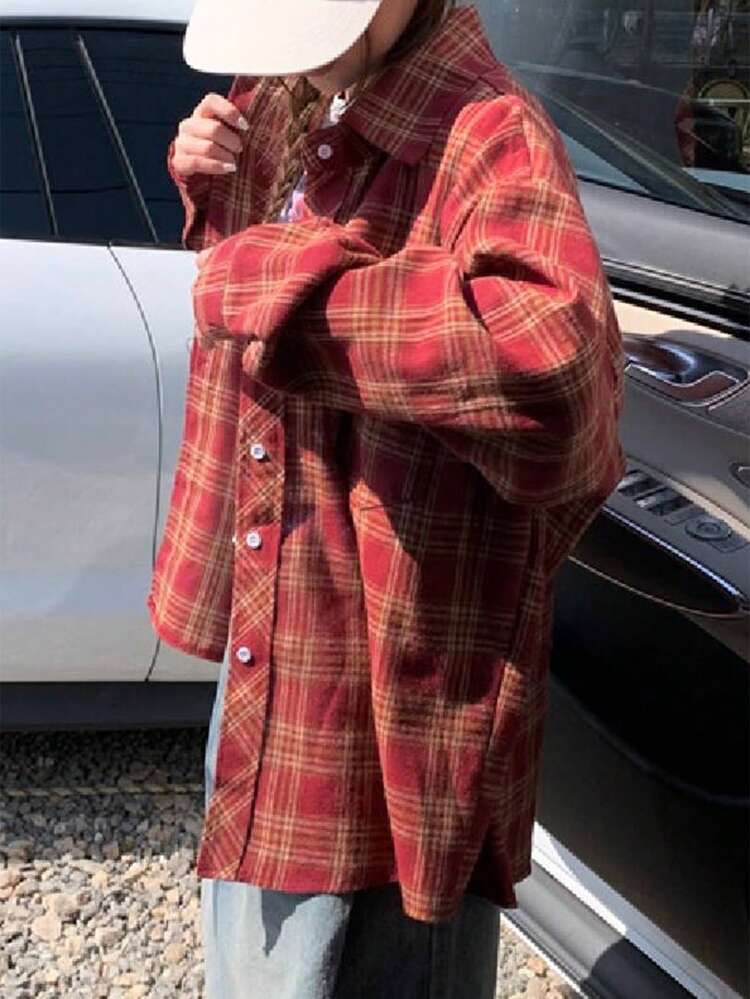 Women's Plaid Loose Collar Spring Autumn Shirt, Suitable For Christmas, Chinese New Year, Spring/Summer/Autumn,Flannels Women,Fall Long Sleeve Top