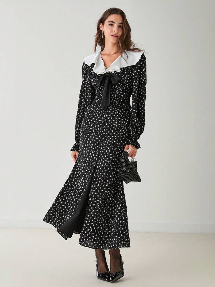 Autumn/Winter Romantic Women's Elegant Ditsy Floral Color Block Collar Mermaid Retro Polka Dots Black Bowknot Dress,For Thanksgiving&Christmas Party Pretty Date Nights&Romantic Dinner Dates&Cocktails