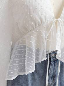 Soleia Áo sơ mi babydoll dài tay họa tiết chấm bi trắng, quần áo dự tiệc tốt nghiệp trở lại trường, trang phục mùa thu - trắng - Xem 6
