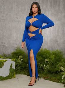 evoluSHEIN X Anitta Spagnelli Designer Plus Heart Buckle Cut-Outs Long Dress, Holiday, Party, Thanksgiving, Birthday Outfits, Spring & Summer, Festival - Blue - View 1