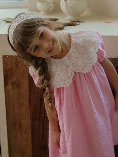 SHEIN Young Girls' Summer Casual Contrast Color Patchwork Hollow Out Embroidery Peter Pan Collar Puff Sleeve Dress