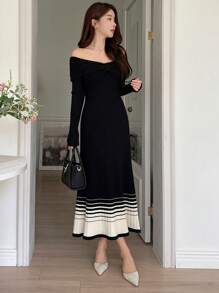 DAZY Váy len ôm dáng dài tay ombre cho nữ, hở vai mùa thu/đông - màu đen - Xem 6