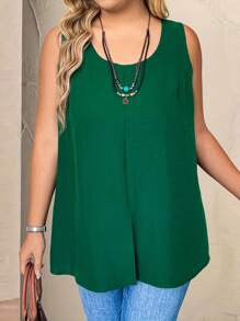 SHEIN LUNE 大码纯色圆领无袖简约开叉后背休闲背心 - 墨綠色 - 查看 5