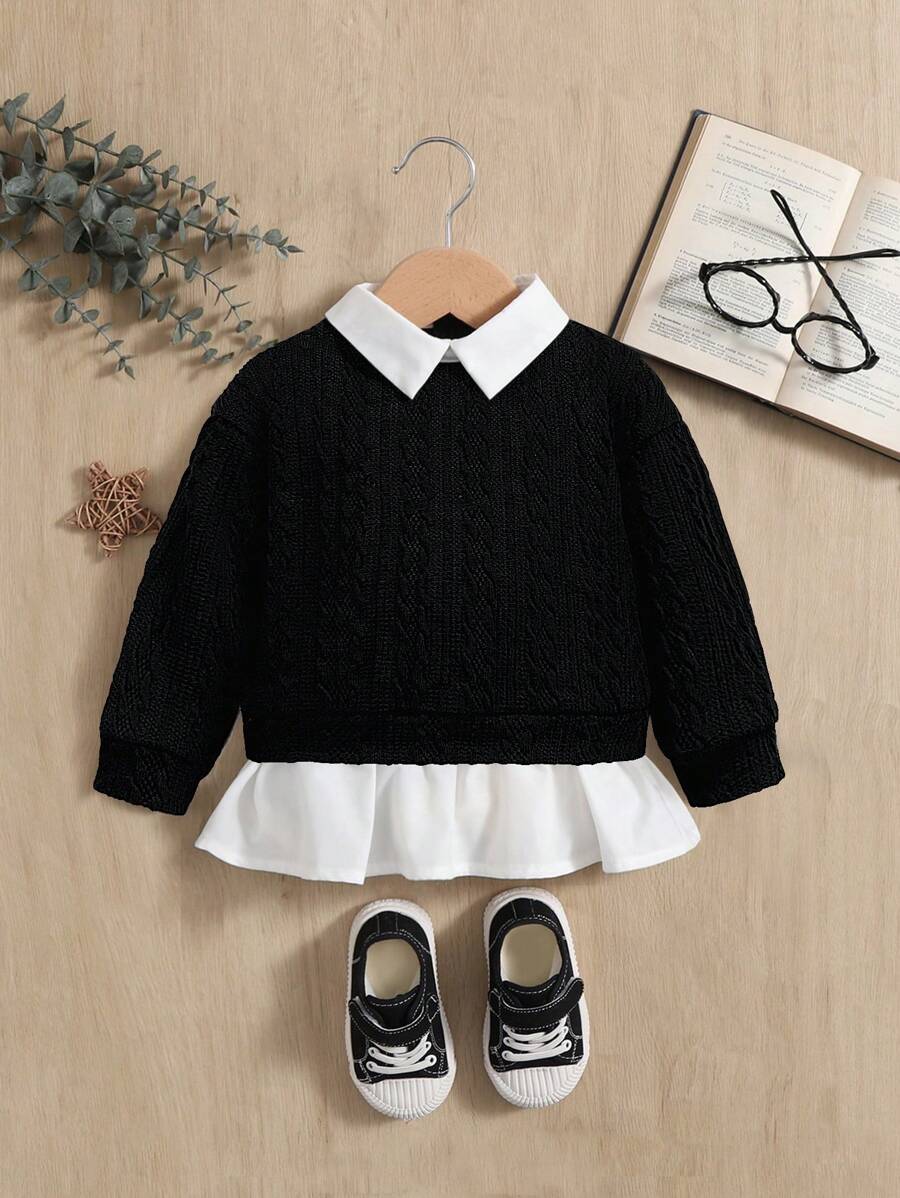 SHEIN 女宝宝可爱二合一拼色领子荷叶边长袖运动衫，秋冬款 - 黑與白 - 查看 1