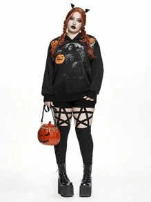ROMWE Plus Size Halloween Pumpkin, Bat & Skeleton Print Pullover Hoodie, Fall Clothes