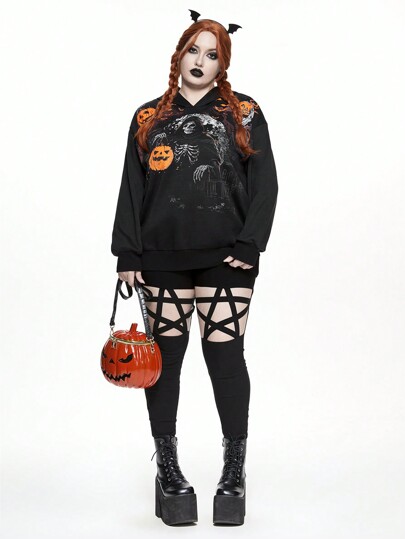 Plus Size Halloween Pumpkin, Bat & Skeleton Print Pullover Hoodie, Fall Clothes