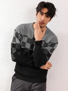 Manfinity Homme Men's Crew Neck Long Sleeve Contrast Plaid Design Fashionable Loose Fit Sweater - Multicolor - View 5