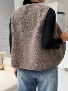 SHEIN Essnce Ladies' Casual Fashion Plush To Keep Warm All-Match Mocha Brown  Button V-Neck Sleeveless With Pocket Jacket