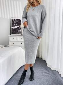 SHEIN Clasi 2 件套女士纯色落肩长袖毛衣和针织裙休闲套装，秋冬 - 灰色 - 查看 5