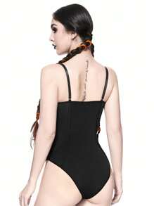 ROMWE Halloween Gothic Bat Collar Design One-Piece Swimsuit - Black - View 2
