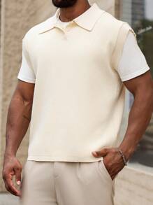 Manfinity Homme Men's Plus Size Solid Color Polo Collar Casual Sweater Vest For Autumn/Winter - Apricot - View 4