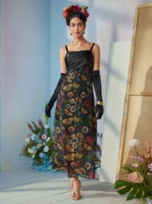 Frida Kahlo X SHEIN X Designer VERO DIAZ Floral & Butterfly Print Ruched Front Cami Dress, Summer, Holiday, Party, Thanksgiving, Birthday Outfits, Festival