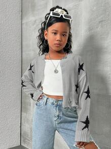 SHEIN Tween Girls' Oversized Star Print Knitted Cropped Cardigan