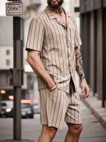 Manfinity Homme 2pcs Men's Casual Set: Notch Collar Button Front Pocket Striped Shirt & Shorts - Khaki - View 4