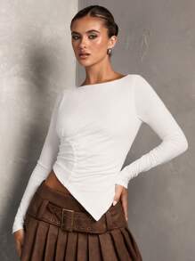 SHEIN BAE Damen Weiß einfarbig vielseitiger Mode Lässig/Pendler Nachmittagstee Rundhals Langarm Raffung einfacher asymmetrischer Saum Strick Oberteil, Herbst/Winter - Weiss - Übersicht 4