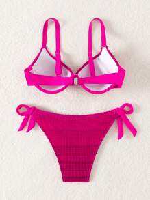 Swim Vcay Women's Solid Color Spaghetti Strap Bikini Top And Mesh Bottoms Bikini Set Summer - Hot Pink - View 8