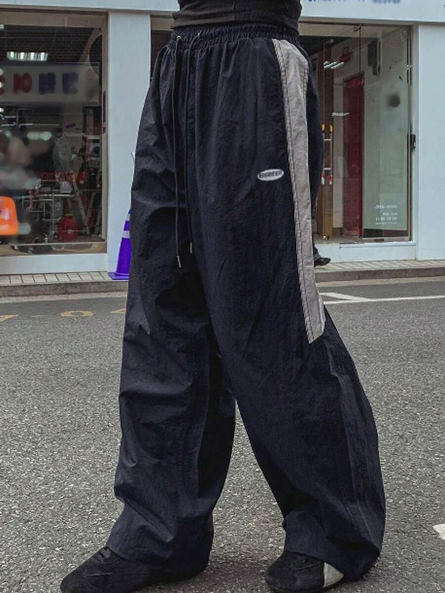 DAZY Damen Kontrast Farbblock Patchwork Buchstaben Stickerei Dekor Streetwear Lässig Hose, Weite Hose, Herbstkleidung - marineblau - Übersicht 1
