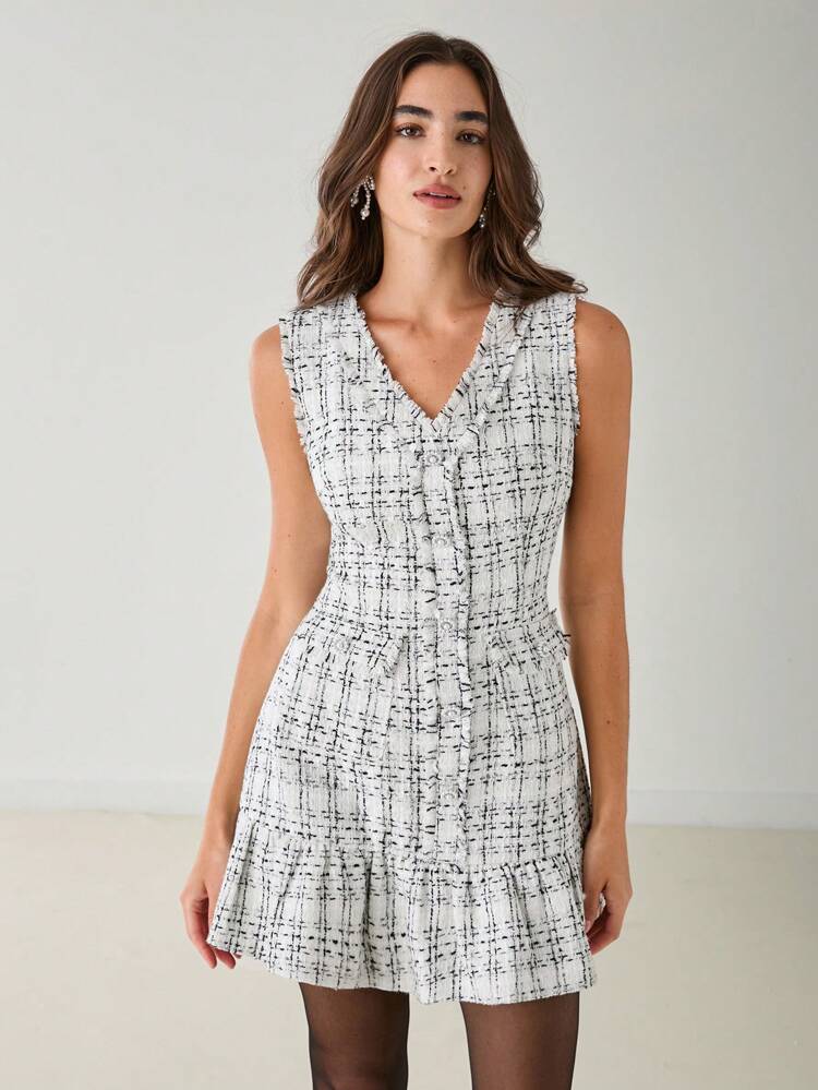 Autumn New Romantic Women's Elegant Plaid Sleeveless Front Button Cute Tweed Dress, Autumn And Winter Dress