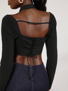 evoluSHEIN X Anitta The Perfect Party 设计师女士夏季纯色长袖扭纹前短款系带衬衫，节日、感恩节、节日