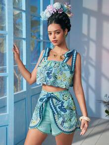 VALERIA GALIPOLI Frida Kahlo X SHEIN X Designer Floral Print Knot Shoulder Crop Cami Top, Holiday - Multicolor - View 6