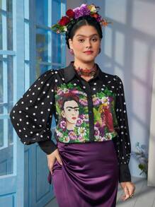 Frida Kahlo X SHEIN Plus Size Modieuze Polka Dot Puff Sleeve Bloemenprint Blouse, Geschikt Voor Woon-werkverkeer En Vakantie, Zwart