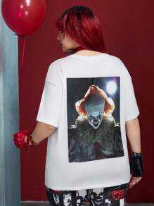 IT x SHEIN 加大码宽松舒适气球恐怖角色扮演白色 T 恤，适合万圣节 - 白色 - 查看 2