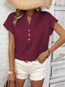 SHEIN LUNE Áo cánh dơi tay ngắn cổ chữ V trơn mùa hè cho nữ - Màu Đỏ Sâu - Xem 5