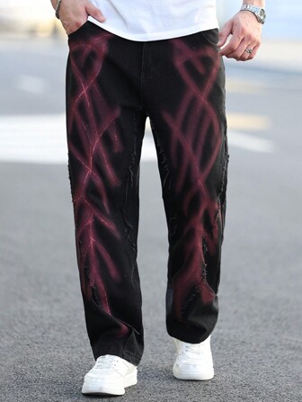 Manfinity Roughcore Plus Size Men's Allover Print Distressed Pocket Casual Denim Jeans