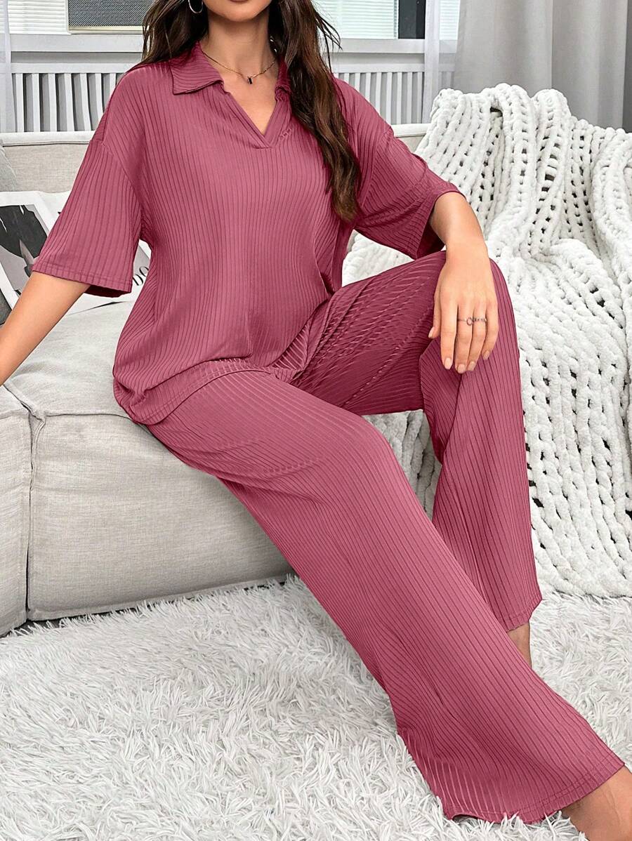 EasyFave Women's Solid Color Loose V-Neck Pajama Set Outfit - Pink - View 1