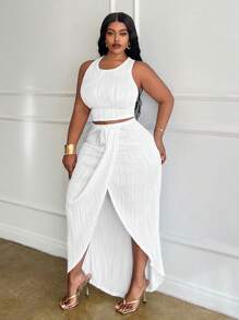 Slaydiva Plus Size White Solid Slim Fit Outfit 2pcs/Set ,All White Outfit Curve,Holiday Outfits - White - View 4